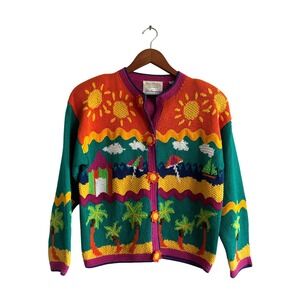 Marisa‎ Christina Knit Cardigan Beach Scene Novelty Button Up Sweater Large